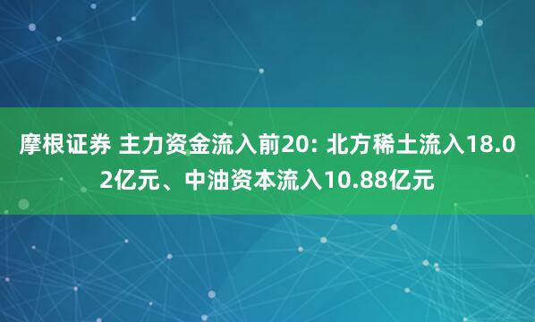 摩根证券 主力资金流入前20: 北方稀土流入18.02亿元、中油资本流入10.88亿元